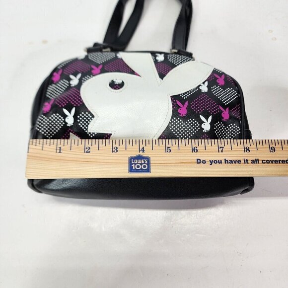 Vtg 90s Playboy BLACK Vinyl Purse Small Bowler Y2K Big White Bunny Logo RARE - Picture 14 of 16